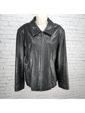 Nautica Black Leather Point Collared Pockets Full Zip Lined Classic Jacket XL